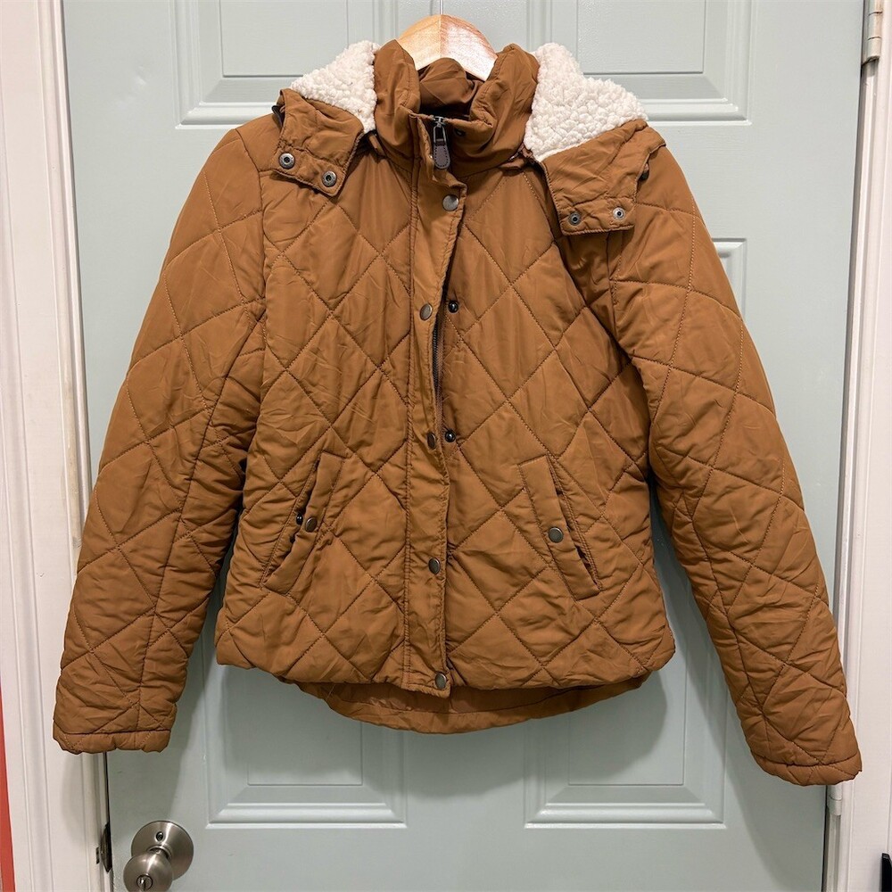 Love Tree Jacket Womens L Camel Quilted Hooded Sherpa Trim Puffer Coat